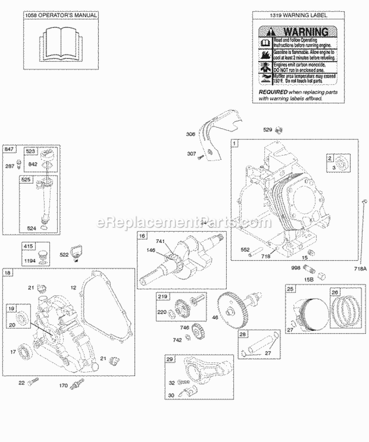Camshaft Crankcase Cover Crankshaft Cylinder Lubrication OperatorS Manual PistonRingsConnecting Rod Warning Label Diagram and Parts List for 205412-0230-B9  Briggs and Stratton Engine